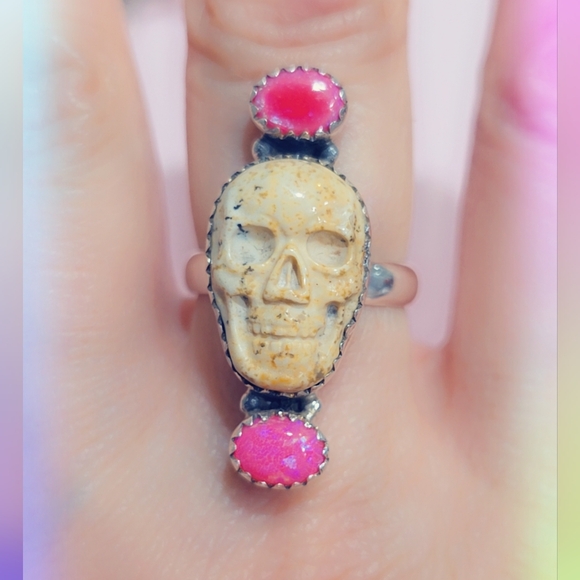 Club Gemstone Jewelry - Opal & Jasper Skull Sterling Gemstone Ring